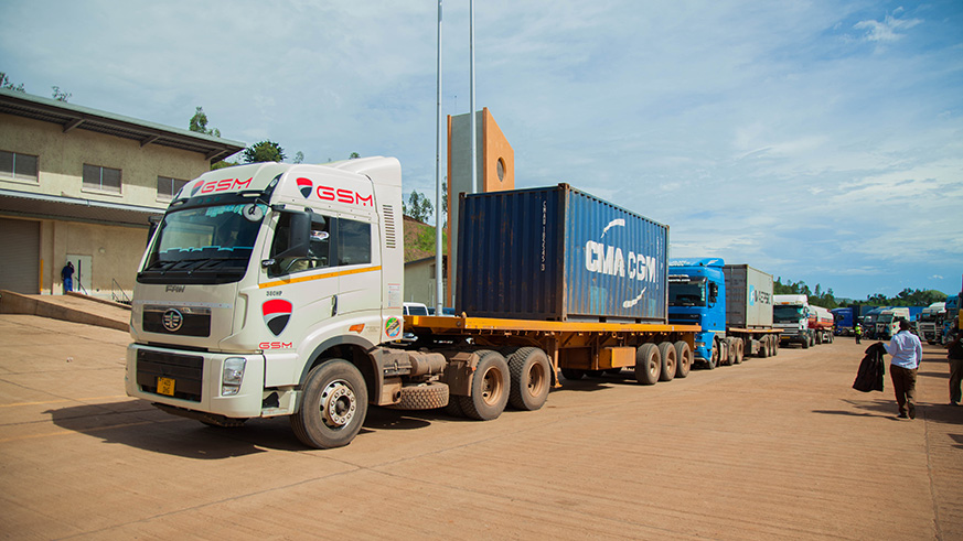 Trucks transporting goods from Tanzania at Rusumo One Border Post. Nadege Imbabazi.