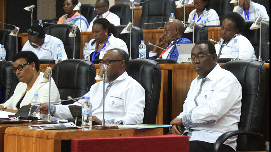 L-R: Donatille Mukabalisa, Speaker of Parliament; Protais Musoni, Chair of the Pan-African Movement (PAM-Rwanda); and Bernard Makuza, President of the Senate, during a session of second national congress of the Pan-African Movement in September. Sam Ngendahimana.