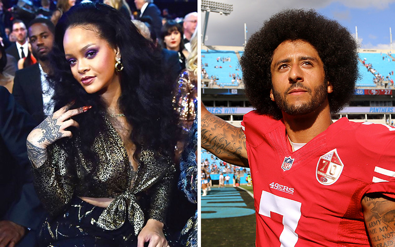 Rihanna turned down Super Bowl halftime show in support of Colin Kaepernick (right). Net.
