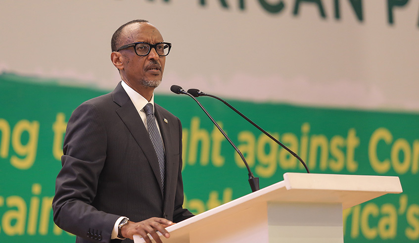 President Kagame delivers his remarks at the opening of the First Ordinary Session of the Fifth Pan-African Parliament at Kigali Convention Centre yesterday. Village urugwiro.