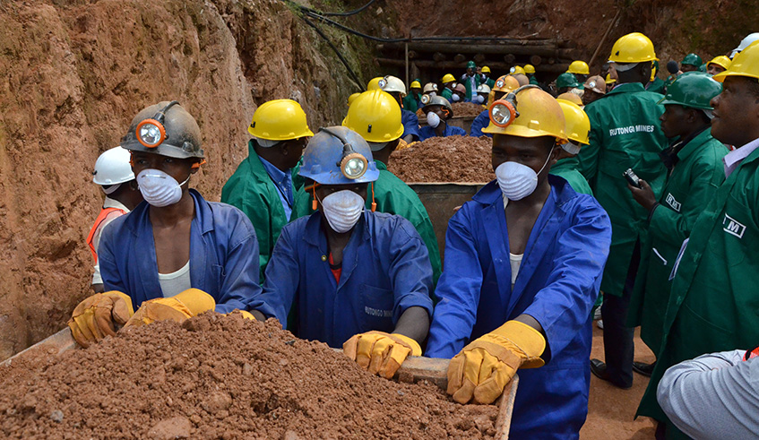 Miners leave a tunnel at Rutongo Mines in Rulindo District. File.