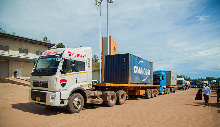 Trucks transporting goods from Tanzania.  Photo by Nadege Imbabazi. 