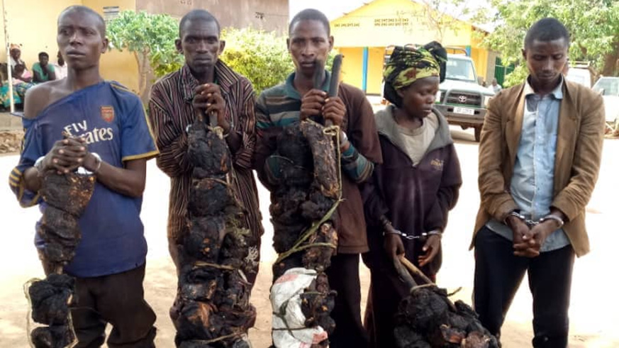 The arrested suspected poachers with smoked game meat. Courtesy.