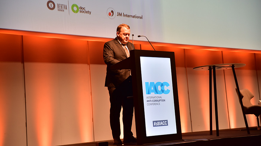 Danish Prime Minister Lars Lu00f8kke Rasmussen addresses the participants at the International Anti Corruption Conference in Copenhagen, Denmark. (Courtesy)