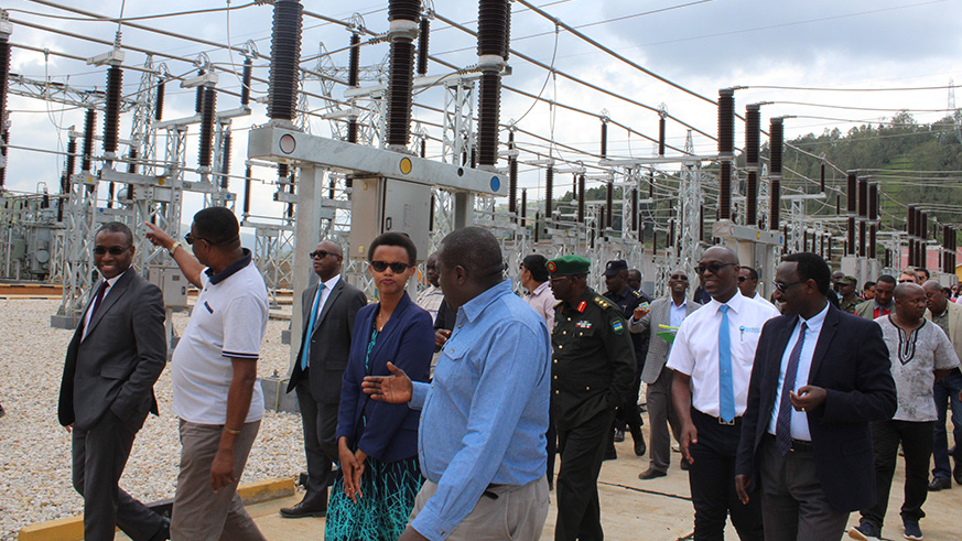 Government officials and other stakeholders tour the upgraded Rulindo substation during the inaugration yesterday. Photo/Courtesy.