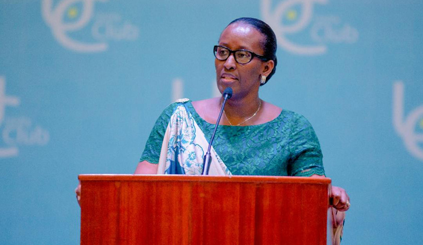  First Lady Jeannette Kagame delivering a speech at the 11th General Assembly of Unity Club at Intare Conference Arena in Rusororo. The Club brings together present and past Ministers and their spouses.