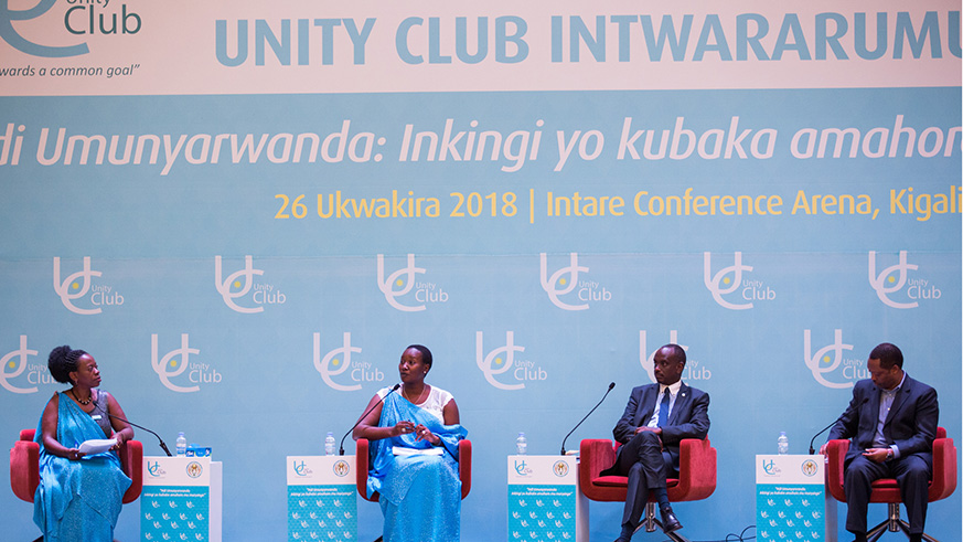 (From right) Local Government Minister Prof Anastase Shyaka, Foreign Minister Dr Richard Sezibera and former Minister of Sports and Culture, Julienne Uwacu on a panel that was moderated by Deputy Governor, Central Bank Dr. Monique Nsanzabaganwa during the 11th General Assembly of Unity Club. It was held at Intare Conference Arena. Nadege Imbabazi.