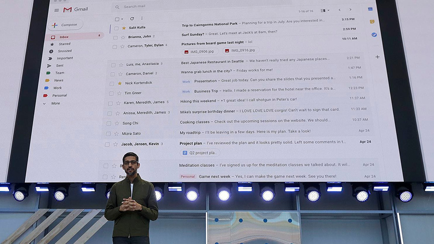 Google chief executive Sundar Pichai speaks about Gmail. Google recently announced new privacy restrictions that limit how developers can use Gmail data. Net photo.