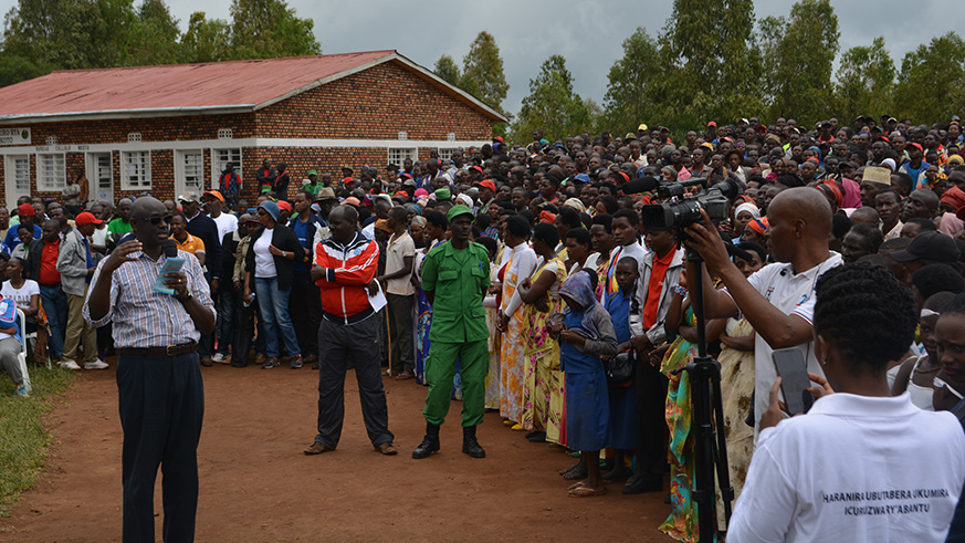 Minister Busingye addresses Gicumbi residents yesterday where he told them to fight human trafficking as well as drug abuse. Jean d'Amour Mbonyinshuti.