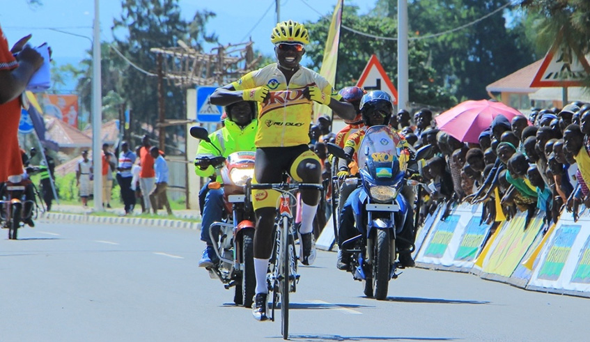 Mugisha Moise from Fly Cycling team wins elite menu2019s race Karongi challenge in Rwanda cycling cup. Sam Ngendahimana.