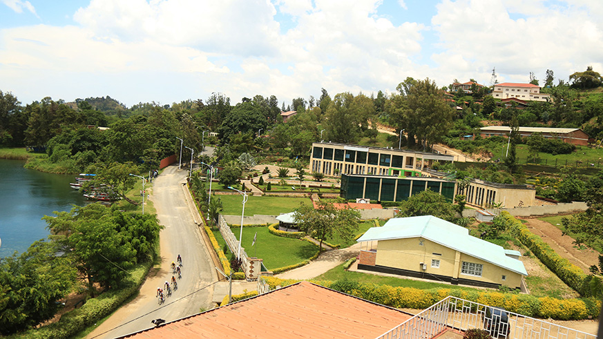 Youngster Moise Mugisha, 21, celebrates his solo victory as he crosses the finish-line in Karongi on Sunday afternoon. Sam Ngendahimana.