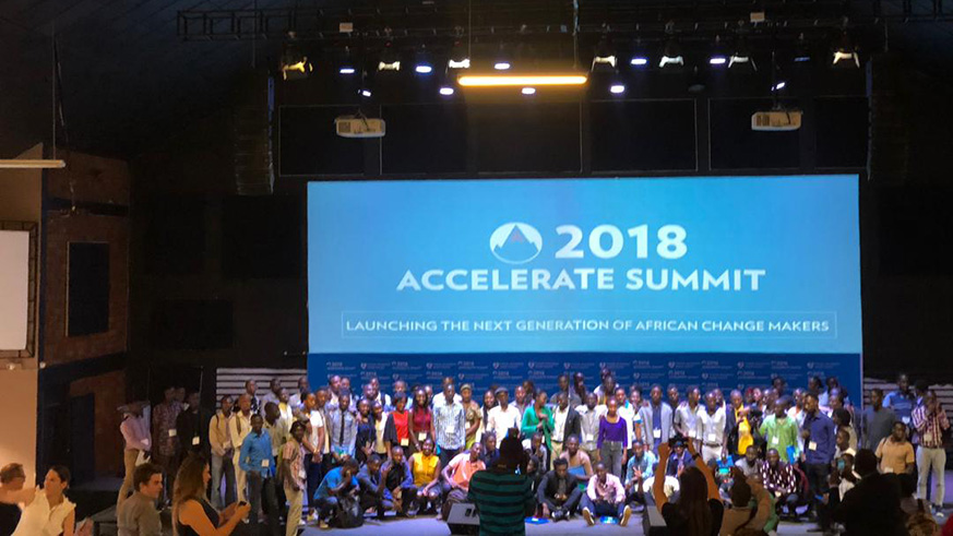 Entrepreneurs pose for a group photo during the Accelerate Summit in Kigali. 50 entrepreneurs were selected for the Accelerate Academy programme.