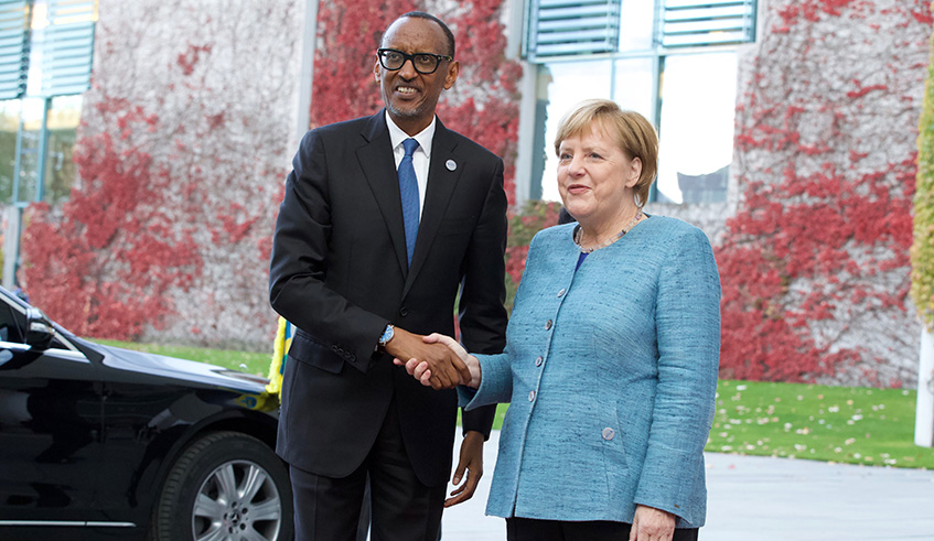 President Kagame and German Chancellor Angela Merkel at the G20 Investment Summit in Berlin yesterday.  Village Urugwiro.
