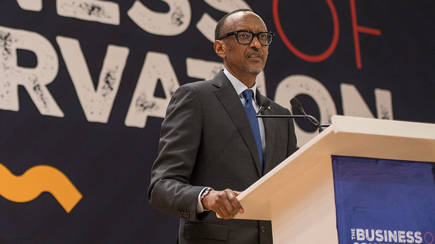 President Kagame delivers his remarks at the opening of the three-day Business of Conservation Conference at Kigali Convention Centre yesterday.  Village Urugwiro.