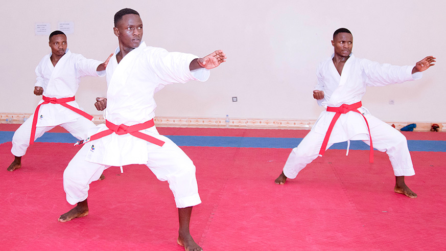 Rwandaâ€™s Kata squad â€“ Alphan Nsabimana, 24, Thomas Habanabakize, 25, and Jean Claude Munyaburanga, 23, from Rubavu Districtâ€™s Zen Karate-Do Club who won bronze at the continental championships did not make it to the World Senior Championship. (File)
