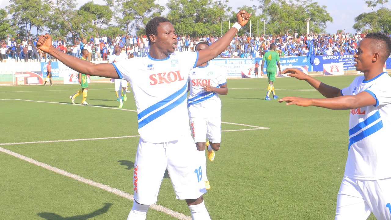 Michael Sarpong (#19) celebrates with Kevin Muhire (right) after netting his second goal, and third for Rayon Sports, against Gicumbi FC at Kigali Stadium on Sunday. Courtesy