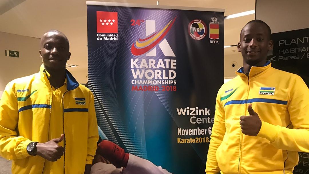Emery Espoir Ntungane (left) and Vanily Ngarambe are the only two Rwandan karatekas at the underway World Senior Championships in Madrid. Courtesy