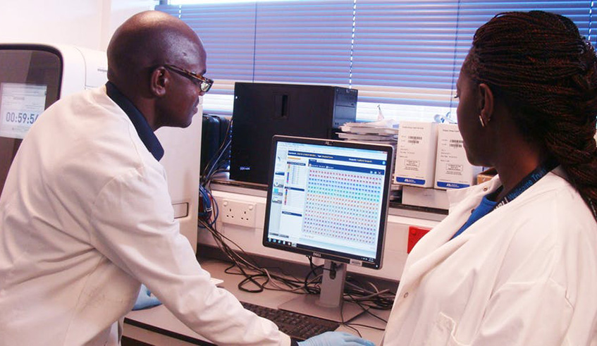 Scientists analysing data at the South-South Malaria Research Partnership project laboratory in Kenya. Net photo.