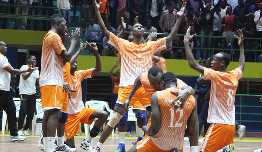 Gisagara volleyball club players celebrate after winning the league title for a second consecutive time last season. File photo.