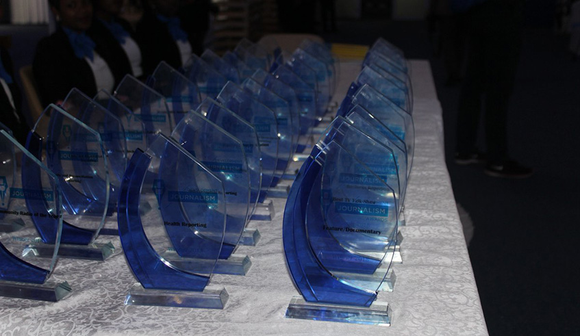 Plaques for Rwanda Development Journalism Awards ahead of last nightu2019s awards gala in Kigali. The New Timesu2019 had several of its reporters among the winners.  Nadege Imbabazi.