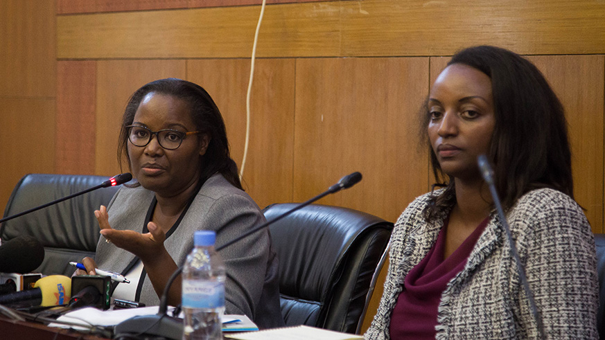 The Minister for Agriculture, GÃ©rardine Mukeshimana (left), and the Minister for Trade, Soraya Hakuziyaremye, address the media yesterday on the sustained irregularities in pricing of agriculture produce. Illegal price fixing and speculation have been cited as some of the drivers of food inflation. Nadege Imbabazi.