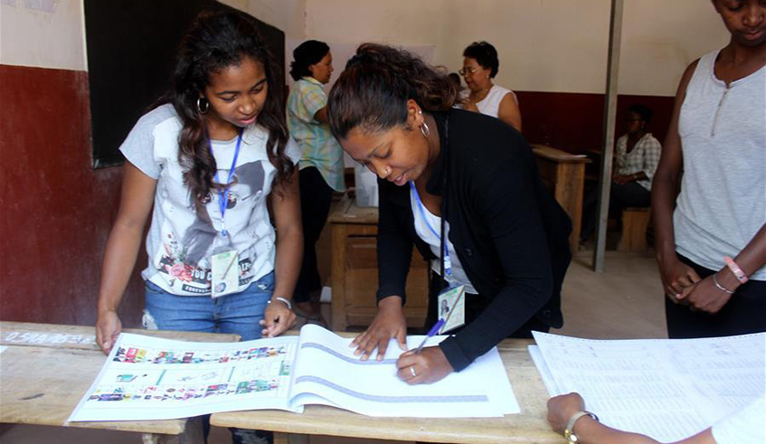 Staff work at a polling station for the first round of the presidential election in Antananarivo, Madagascar, on Nov. 7, 2018. Madagascar kicked off its first round of the presidential election on Wednesday to select their future leader for the next five years.