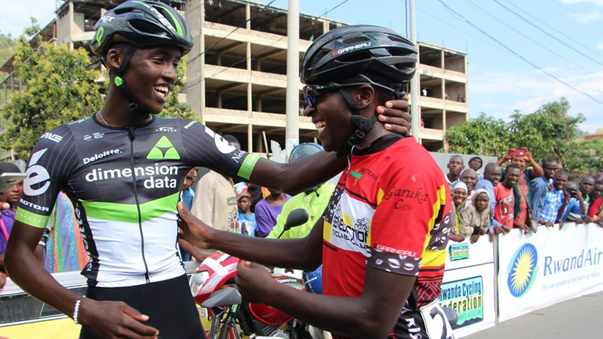 The reigning Tour du Rwanda champion, Samuel Mugisha (left), and reigning national champion Didier Munyaneza (right ) are part of the eight-rider team in camp at Africa Rising Cycling Center in Musanze. File photo.
