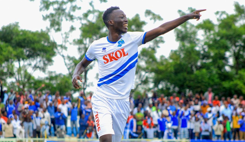Rayon Sports striker Bonfils Caleb Bimenyimana celebrates after scoring his second goal against Bugesera FC at Kigali Stadium on Thursday. Courtesy.