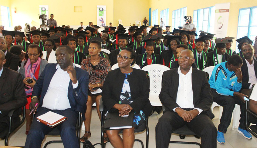 KCB Managing Director George Odhiambo (right), KCB Foundation Managing Director Jane Mwangi (centre) and Emmanuel Bigenimana, Ministry of Youth Permanent Secretary, during the graduation yesterday.