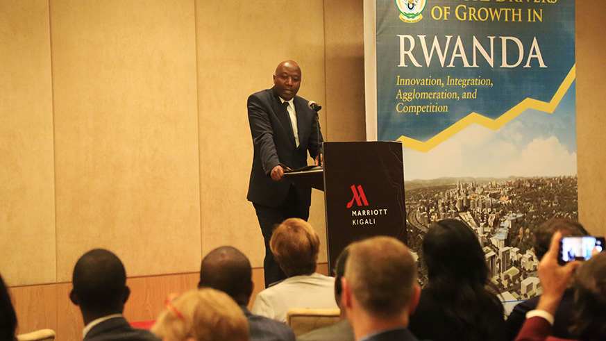 Prime Minister Edouard Ngirente gives his remarks during the official launch of the report on Future Drivers of growth in Rwanda yesterday. Sam Ngendahimana.