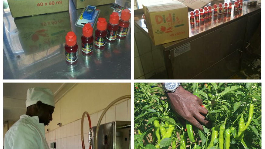 Twahirwa (bottom left) demonstrating the production process for chilli oil. The entrepreneur has secured a 37,500 litre-chilli oil export market to China for $2 million. Courtesy.