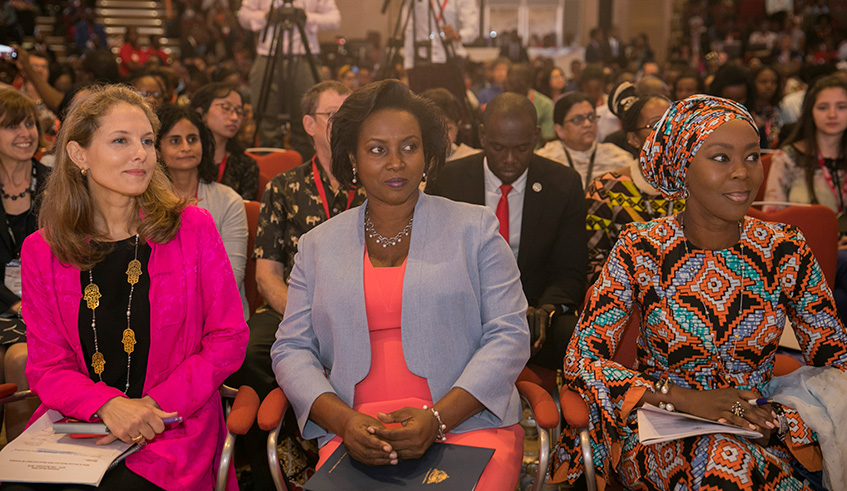 L-R: Her Royal Highness Sarah Zeid, Princess of Jordan, Her Excellency Mrs Martine Moise, First Lady of Haiti, Her Excellency Toyin Saraki, Founder of the Wellbeing Foundation at Kigali Convention Centre yesterday.