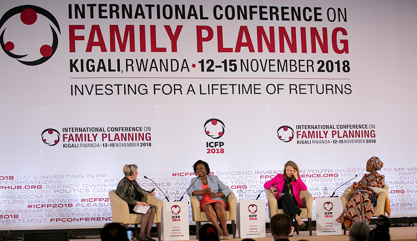 L-R: Alma Golden, Snr Deputy Assistant Administrator, USAID Bureau for Global Health, Her Excellency Mrs Martine Moise, First Lady of Haiti, Her Royal Highness Sarah Zeid, Princess of Jordan, Her Excellency Toyin Saraki, Founder of the Wellbeing Foundation, during a panel discussion at Kigali Convention Centre yesterday.