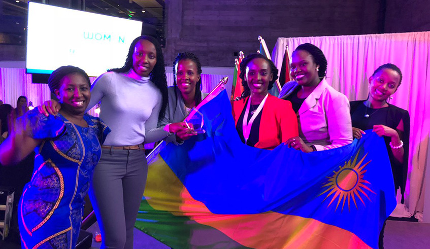 The winners after being awarded for their impact project.  Below: (From left to right) Kayirangwa, Uwera,Nibakuze, Mugwaneza, Munezero and Uwizeye explain their idea about helping women genocide survivors. Courtesy photos