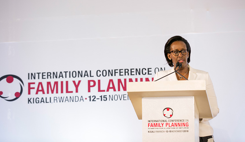 First Lady Mrs Jeannette Kagame delivers the opening remarks of u2018Women of Impactu2019 High Leve Panel on Day II of the 5th International Conference on Family Planning at Kigali Convention Centre yesterday. Courtesy photos.