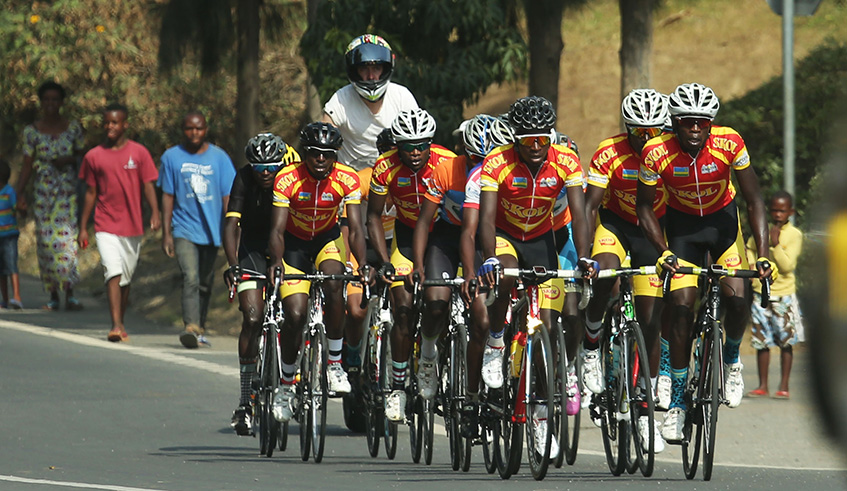 Benediction Club riders in the peloton during Karongi Challenge race last month. Sam Ngendahimana.