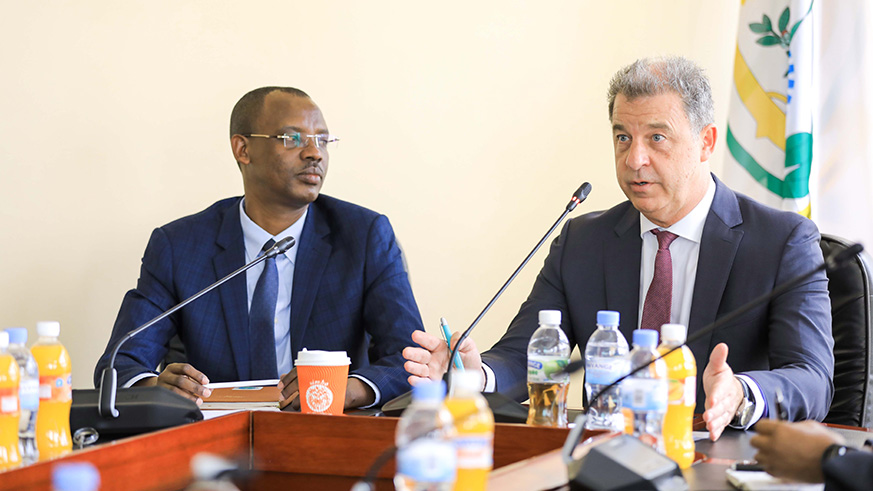 Serge Brammertz, the Chief Prosecutor for the IRMCT (right), speaks during the meeting as Inspector General of NPPA Jules Marius Ntete looks on in Kigali yesterday. Emmanuel Kwizera.