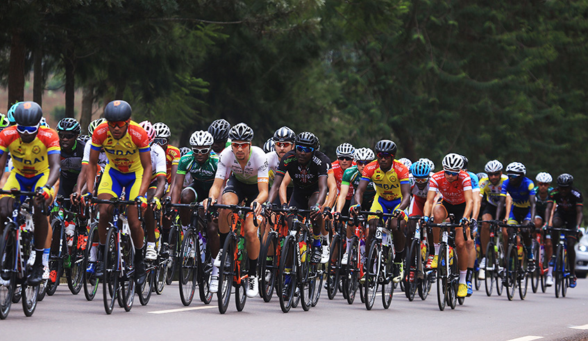 Tens of riders are seen here in a peloton during Stage 1 of the 2018 Tour du Rwanda  on August 5 in Rwamagana, which was won by Algerian Azzedine Lagab. Sam Ngendahimana.