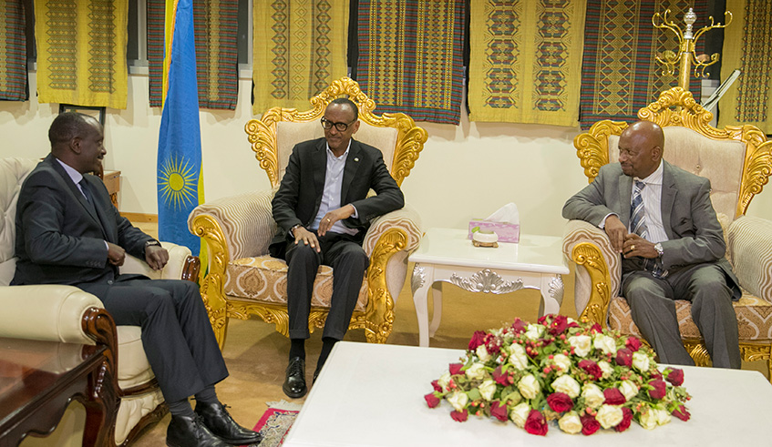 President Paul Kagame, who is also the Chairperson of the African Union, is received by Dr Seleshi Bekelez, Ethiopiau2019s Minister of Water, Irrigation and Electricity on his arrival in Addis Ababa, Ethiopian on Friday, for the 11th Extraordinary Session of the AU Summit. With him is Foreign Affairs Minister Dr Richard Sezibera. Village Urugwiro.