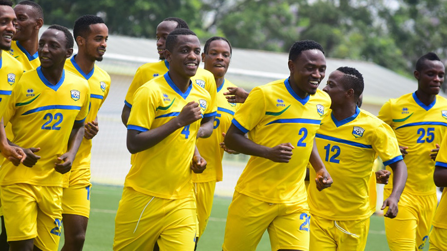 Amavubi players are seen in training before facing Guinea at Kigali Stadium last month. Skipper Haruna Niyonzima (#12) is not of the team to face CAR 