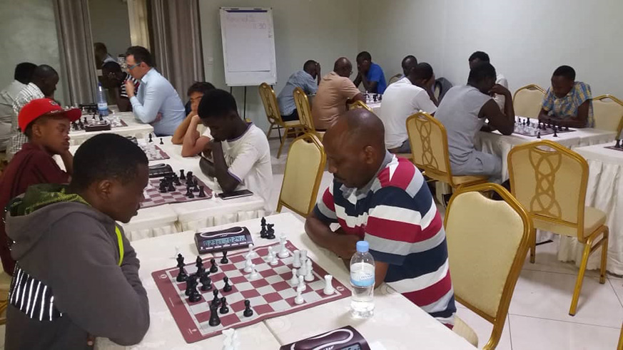 Players are seen here battling it out in round 3 of the rapid tournament at Classic Hotel in Kigali. Courtesy.