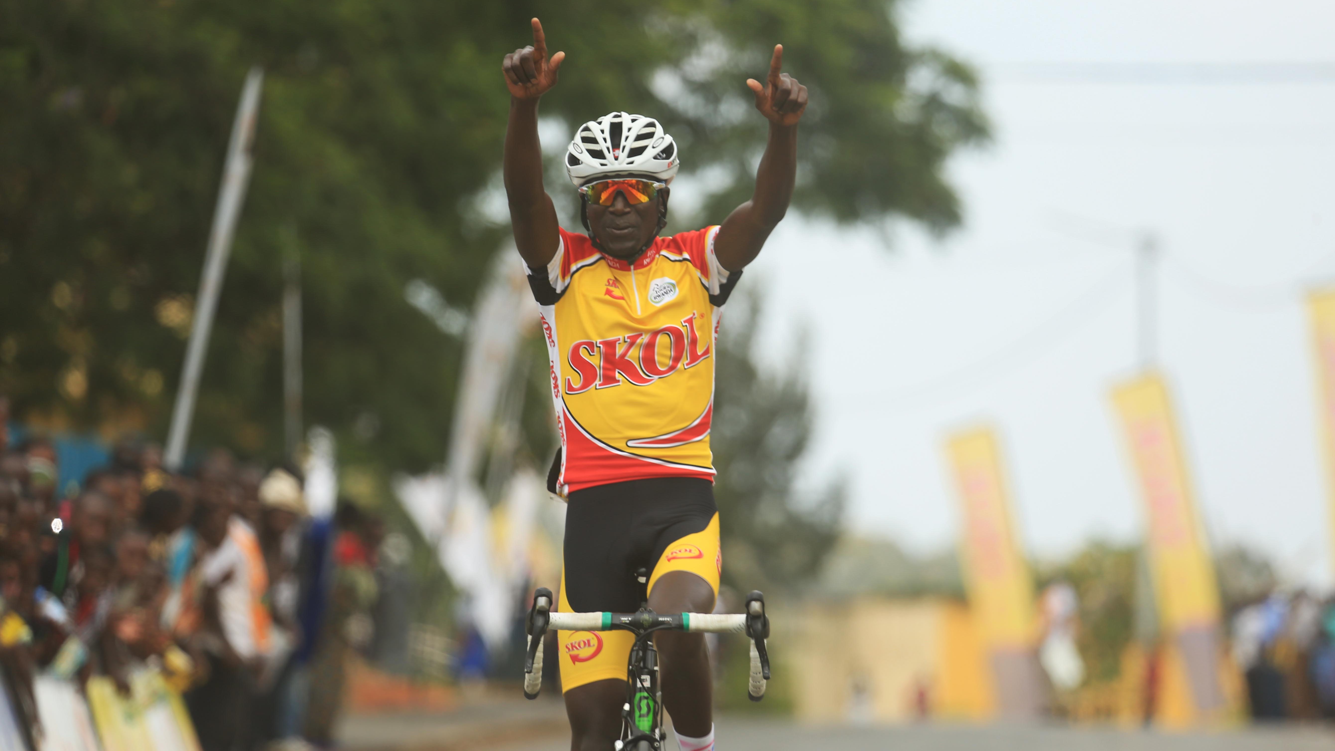 Patrick Byukusenge celebrates his solo finish to win the Central Challenge in Muhanga on Saturday. /Sam Ngendahimana