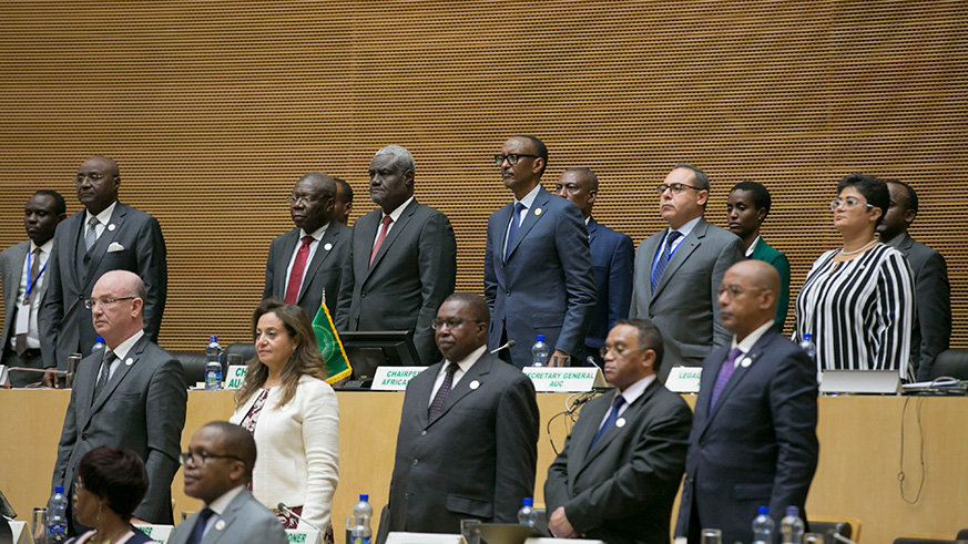 President Kagame (centre, back row), African Union Commission Chairperson Moussa Faki Mahamat (second left, back row), and other African leaders at the 11th Extraordinary Summit of African Heads of State and Government in Addis Ababa, Ethiopia, on Sunday. Village Urugwiro.