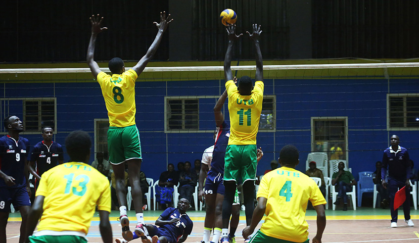 UTB volleyball players try a block during the match against REG. Sam Ngendahimana.