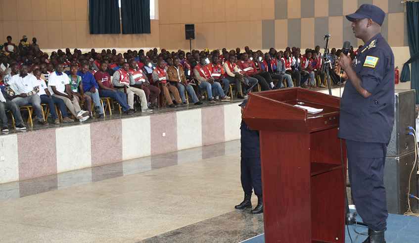DIGP Felix Namuhoranye addressing motorcyclists at Dove Hotel in Gisozi, yesterday