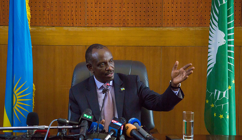 Richard Sezibera, the Minister for Foreign Affairs and Cooperation and Government Spokesperson, during a news conference yesterday at the ministryu2019s headquarters in Kimihurura. Sezibera said Rwanda is set to put in a bid to join the Organisation for Economic Co-operation and Development (OECD) u2013 a forum of 36 countries, most of them developed countries, that work closely to advance their economies. Nadege Imbabazi.
