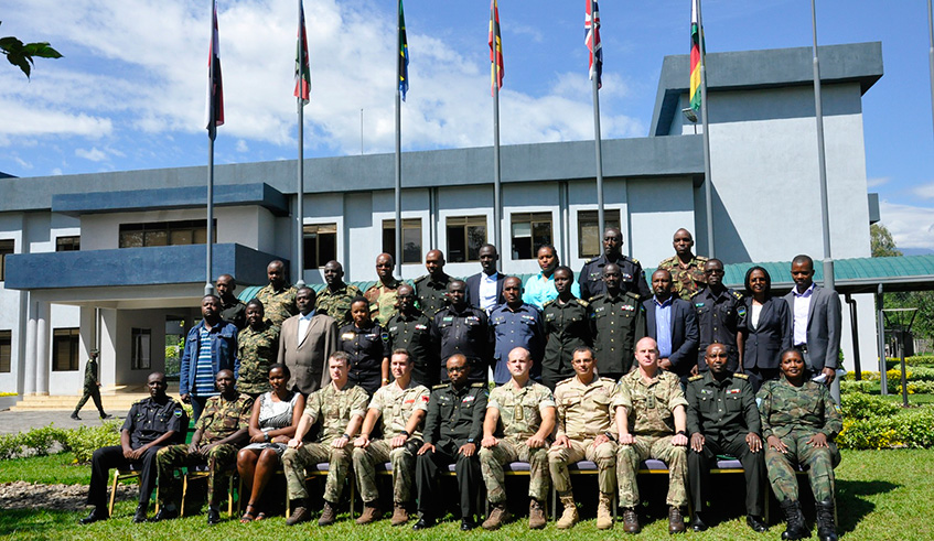 Military, police and civilian personnel who are attending the peace support operations logistics course pose for a group photo at Rwanda Peace Academy in Musanze yesterday. Regis Umurengezi.