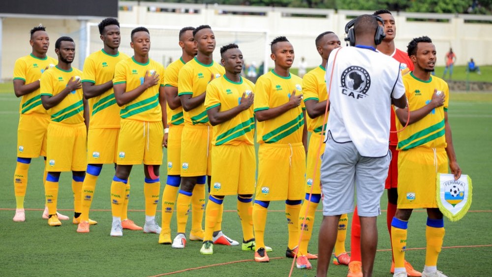 Amavubi Under-23 players sing the national anthem before their 0-0 draw with the Democratic Republic of Congo at Umuganda Stadium, in Rubavu District, last Wednesday. Courtesy