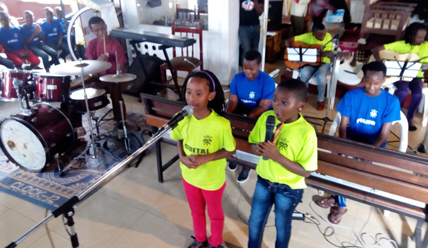 The students performing as a band.