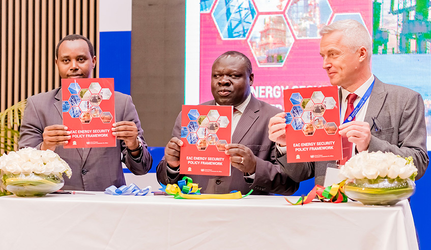 L-R: Robert Nyamvumba, the Energy Division Manager at the Ministry of Infrastructure; Christophe Bazivamo, EAC Deputy Secretary General of Productive and Social Sectors; and Andrew Mold, Acting Director Sub-Regional Office for Eastern Africa, launch EAC energy security policy framework in Kigali Yesterday. Courtesy.